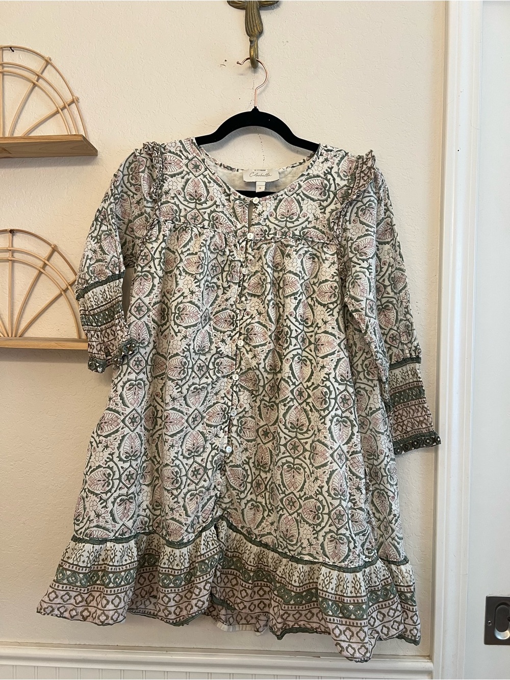 Cleobella Floral Block Print Mini Dress Size Small Boho Ruffle Button Front
